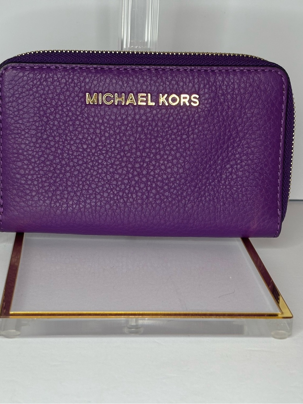 Michael Kors Violet Pebbled Leather Zip Wallet with Gold Hardware